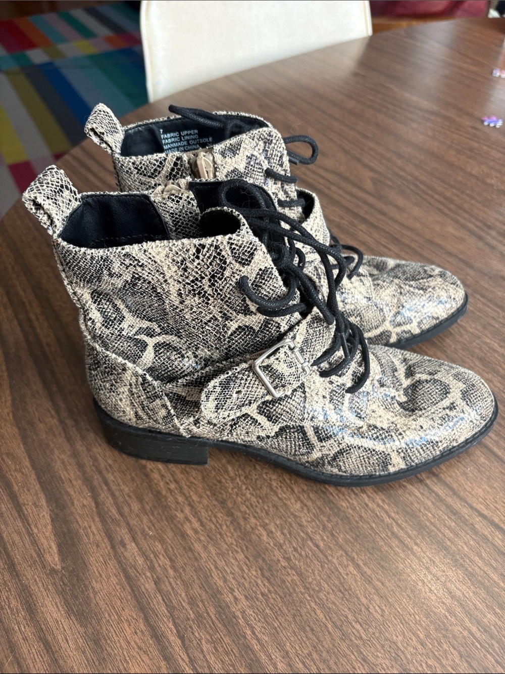 Express Size 7 Snake Print Lace Up Ankle Boots